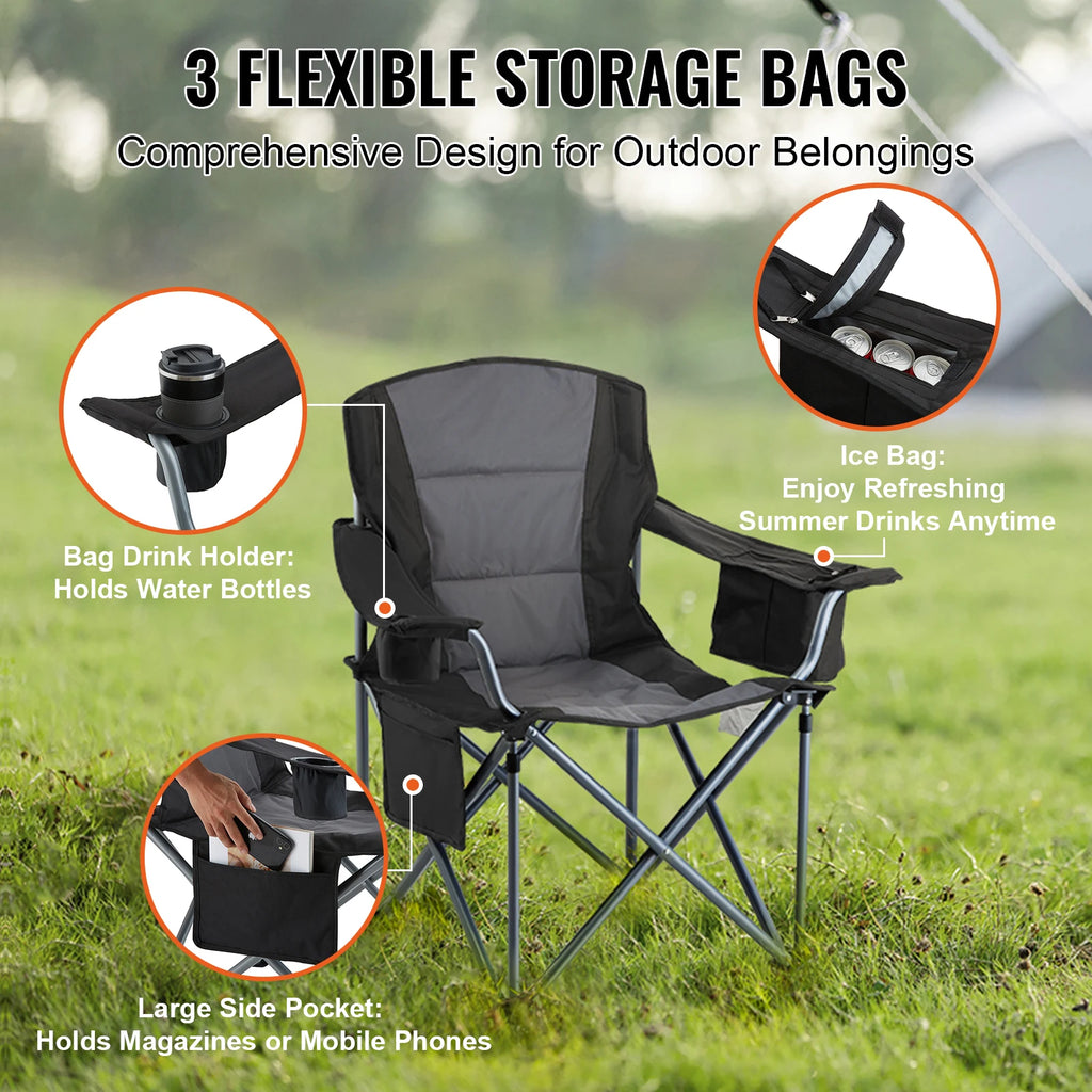 Succebuy Camping Folding Chair for Adults Portable Quad Lumbar Back Padded Arm Chairs with Side Pockets for Beach, Lawn, Picnic