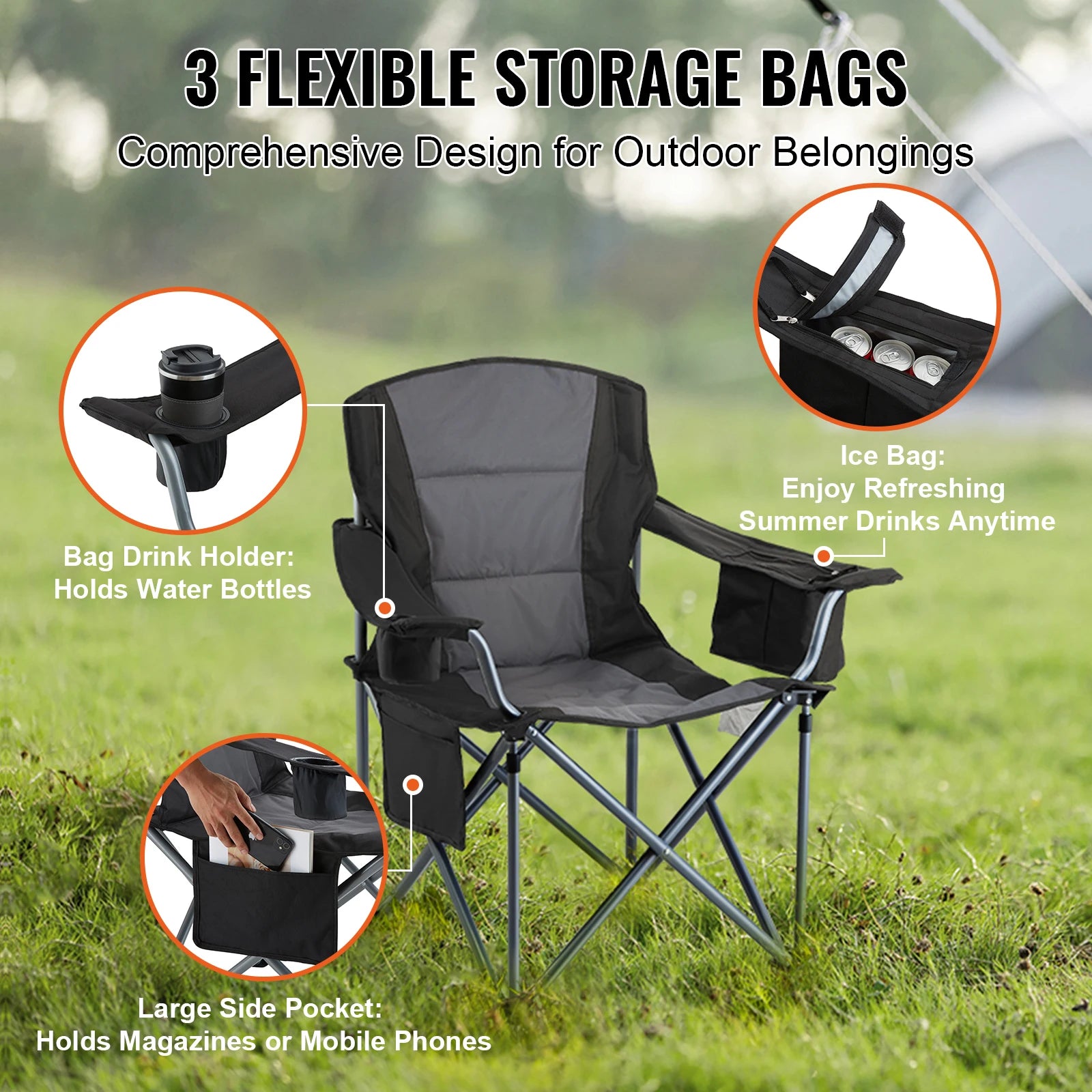 Succebuy Camping Folding Chair for Adults Portable Quad Lumbar Back Padded Arm Chairs with Side Pockets for Beach, Lawn, Picnic