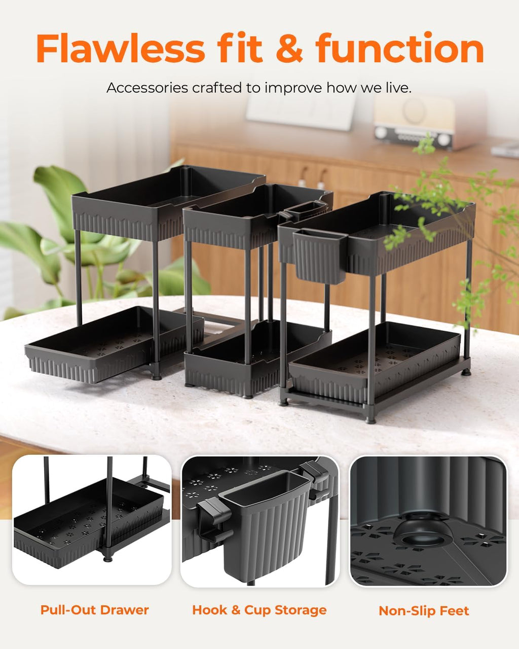 3-Pack 2-Tier under Sink Organizers with Sliding Drawers 