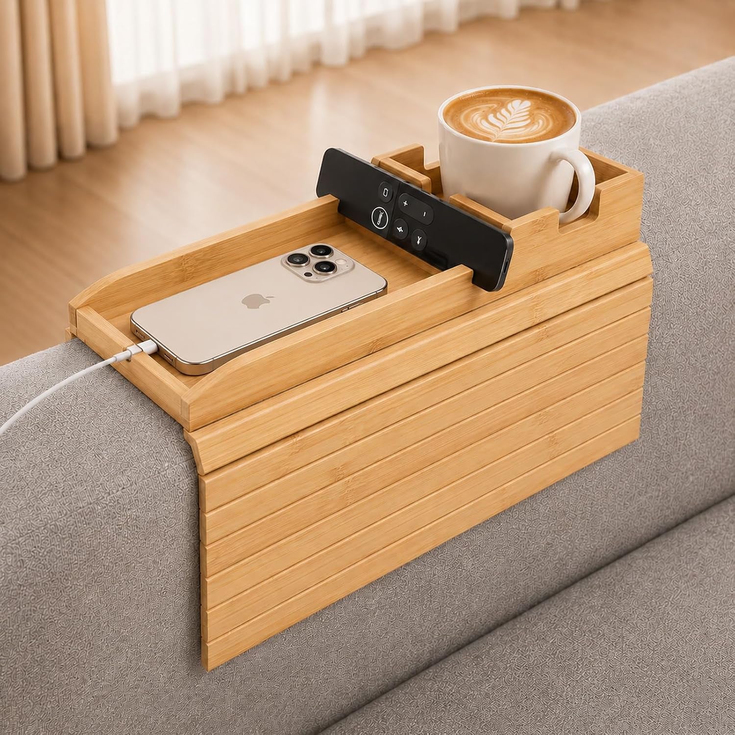 Bamboo Couch Arm Tray Table with Built-In Cup Holder