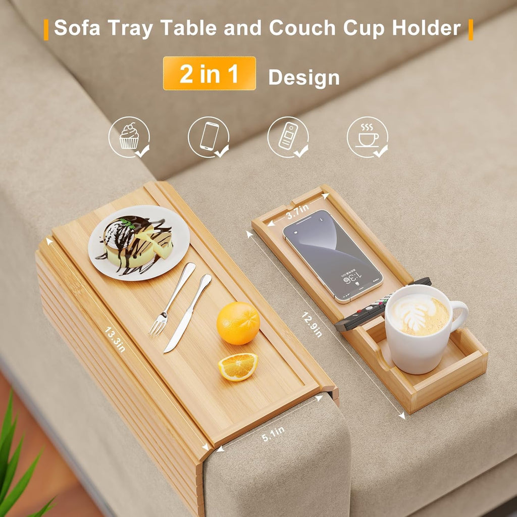 Bamboo Sofa Armrest Tray - Couch Arm Tray with Detachable Couch Cup Holder - 2 in 1 