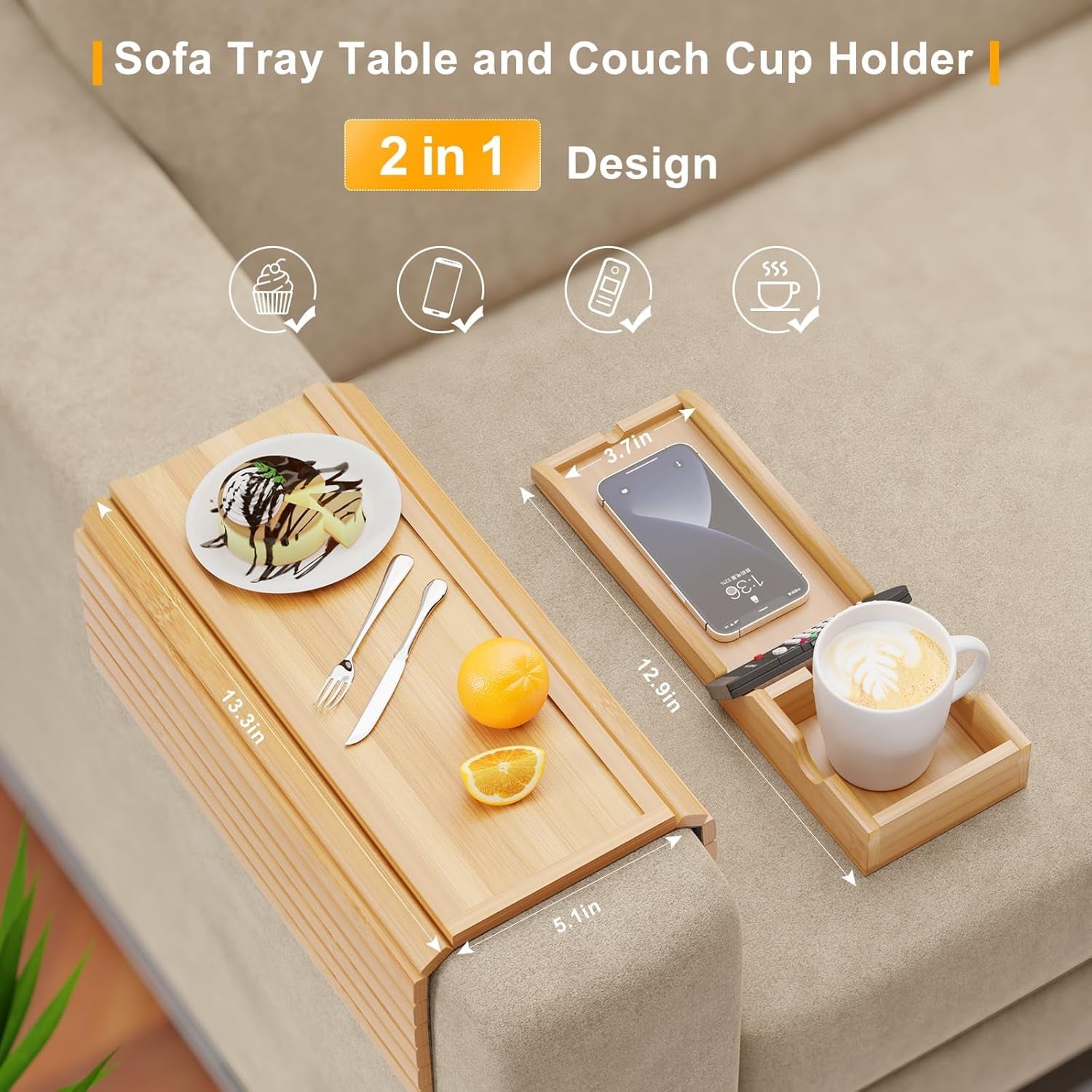 Bamboo Sofa Armrest Tray - Couch Arm Tray with Detachable Couch Cup Holder - 2 in 1 