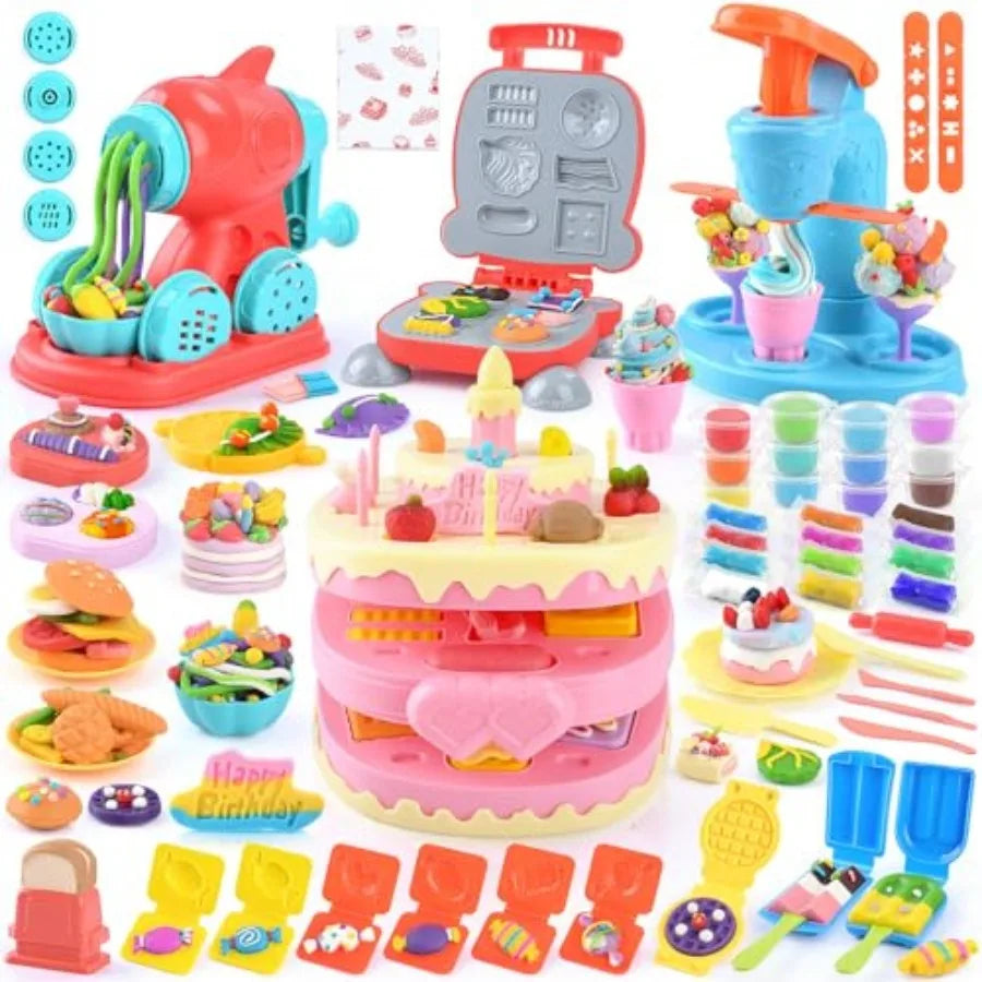 Color Dough Set Kitchen Creations with Ice Cream/Cake/Noodle/Hamburger Maker Mache, Arts Crafts Play Food Toys Tools Kit for Bo