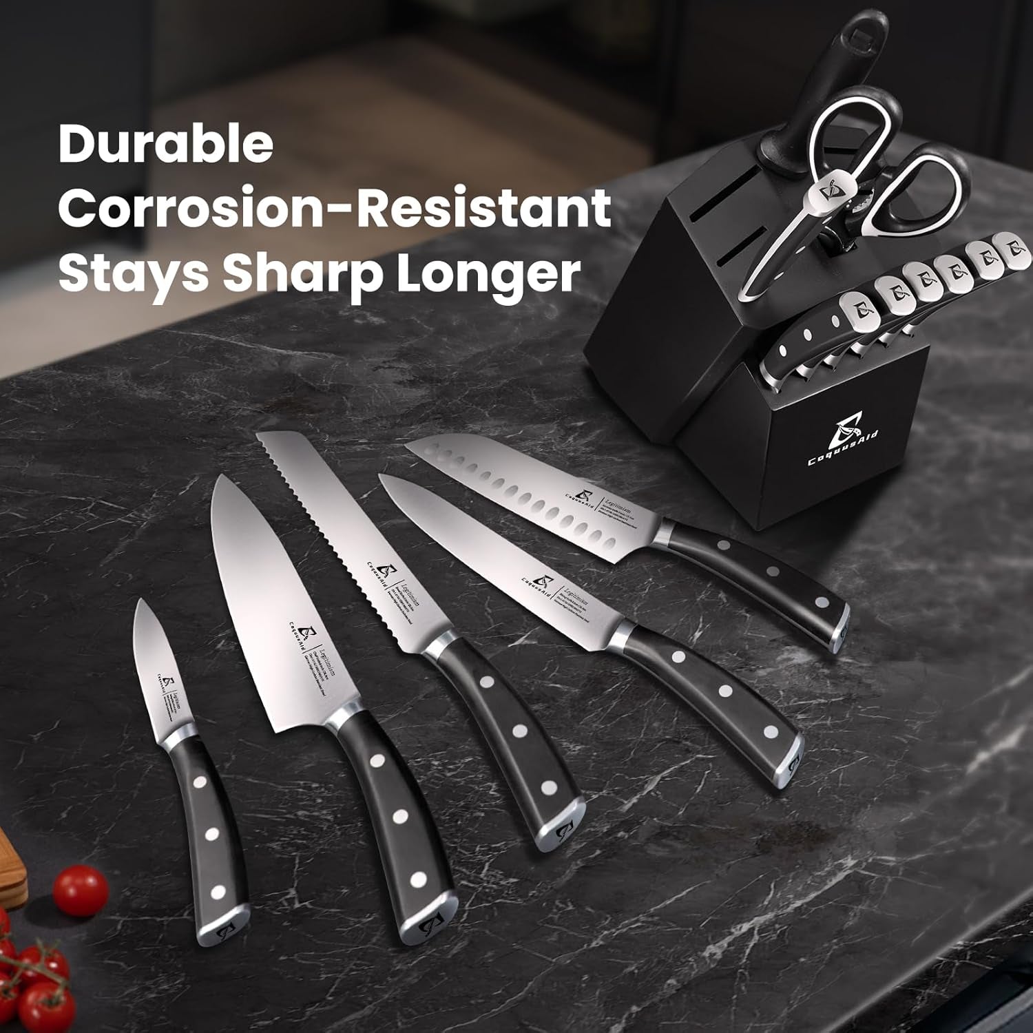 Knife Set, Upgrade 15 Pcs Knife Block Set with Widened Ventilated Slot