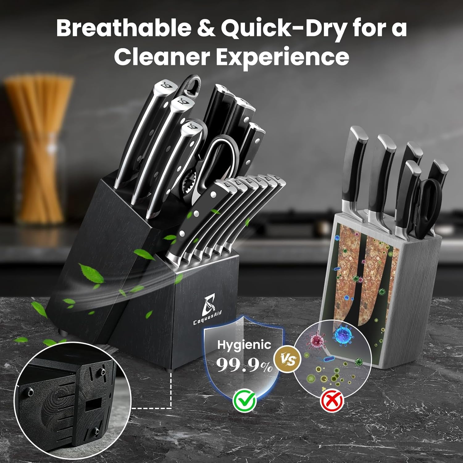 Knife Set, Upgrade 15 Pcs Knife Block Set with Widened Ventilated Slot