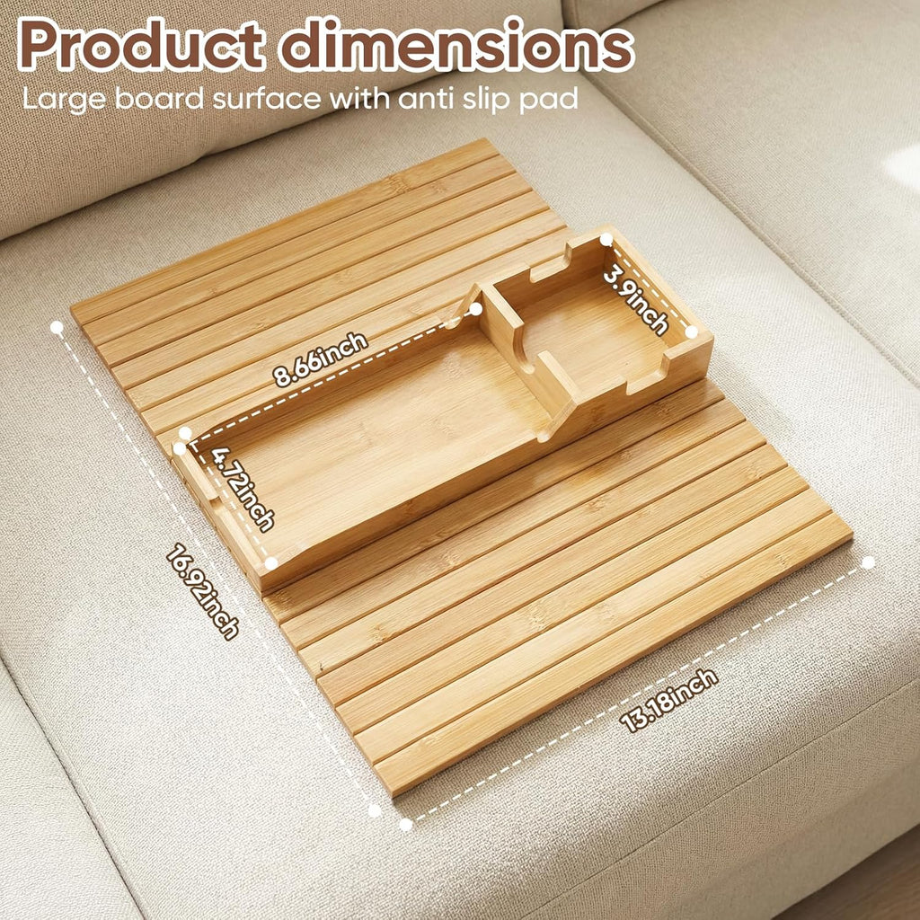 Bamboo Couch Arm Tray Table with Built-In Cup Holder