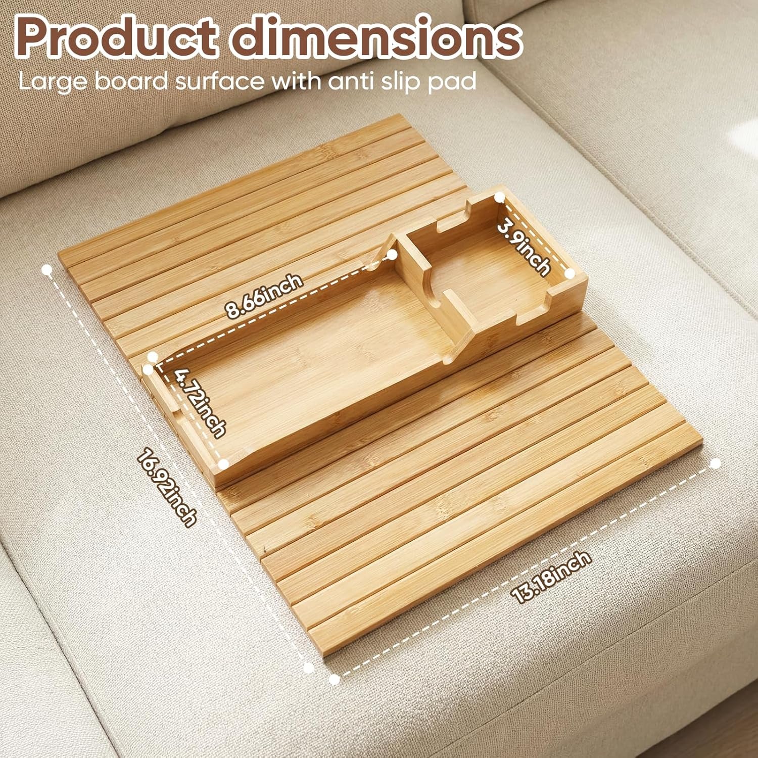 Bamboo Couch Arm Tray Table with Built-In Cup Holder