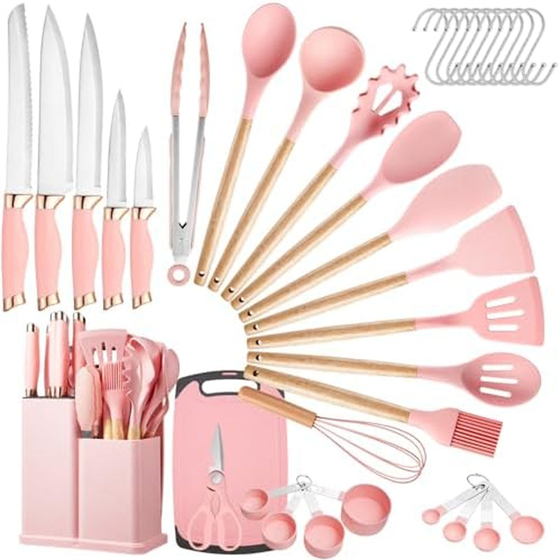 37 PCS Kitchen Utensils Set, Silicone Cooking Utensils Set with Knife Set and Holder