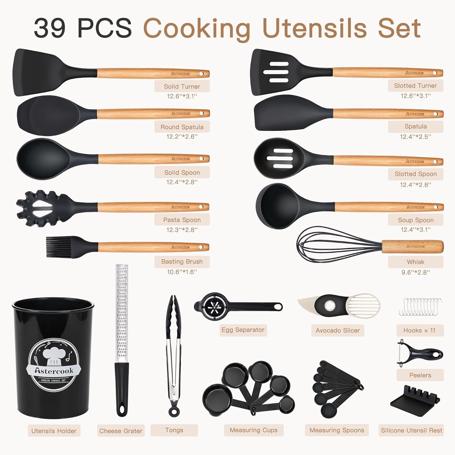 39 PCS Kitchen Utensils Set, Silicone Cooking Utensil Sets with Wooden Handle