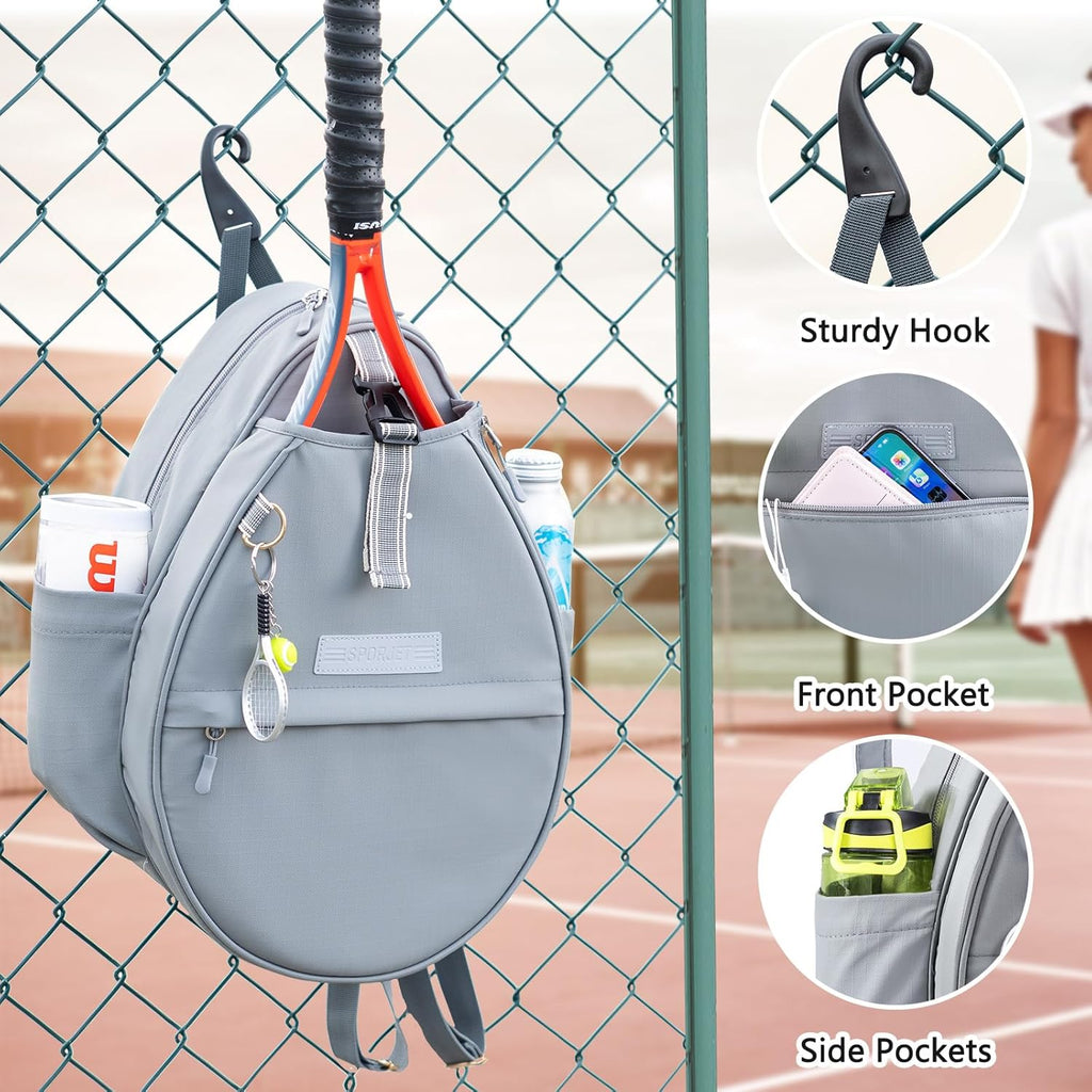 Tennis Backpack with 2 Rackets Holder, Water-Resistant PU Leather Tennis Racket Bag for Women & Men, Sling Crossbody Sports Backpack for Tennis, Pickleball & Badminton, Tennis Gifts