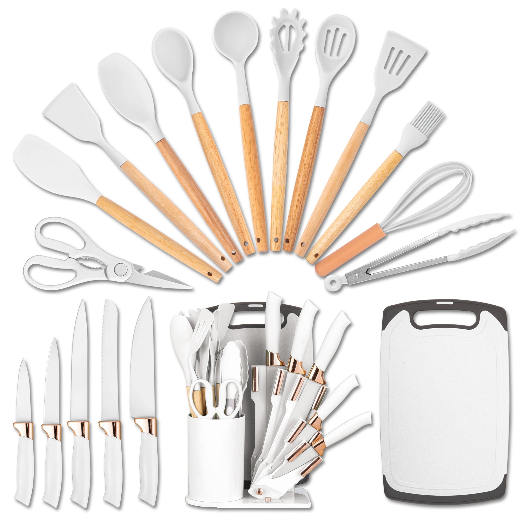 19Pcs Professional Kitchen Knife Set with Silicone Cooking Utensils & Cuttingboard, High Carbon Stainless Steel Chef Knives.