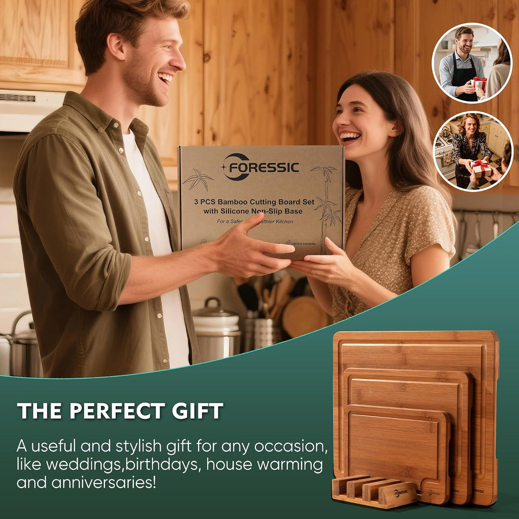 Bamboo Cutting Board, Non Slip Wood Cutting Boards for Kitchen 3 Packs Holder 