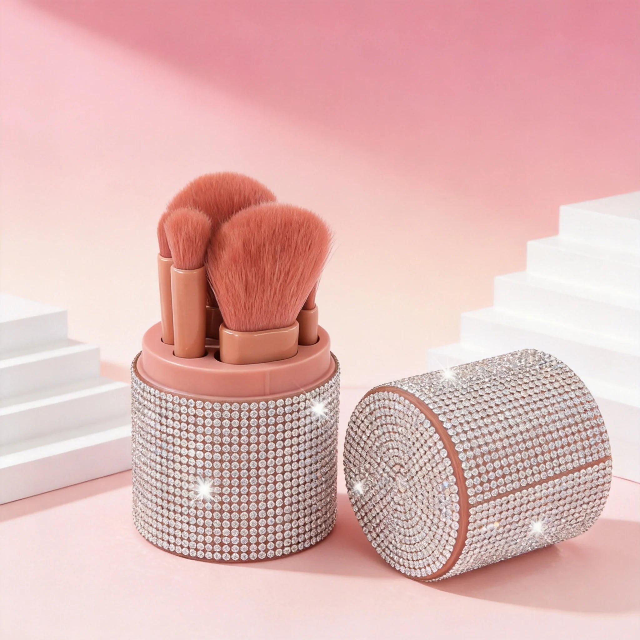 5Pcs Premium 5-In-1 Bling Diamond Makeup Brush Set, Mini Travel-Friendly Cosmetic Tools with Blush & Face Brushes, Ultra-Soft Bristles, All-In-One Portable Kit