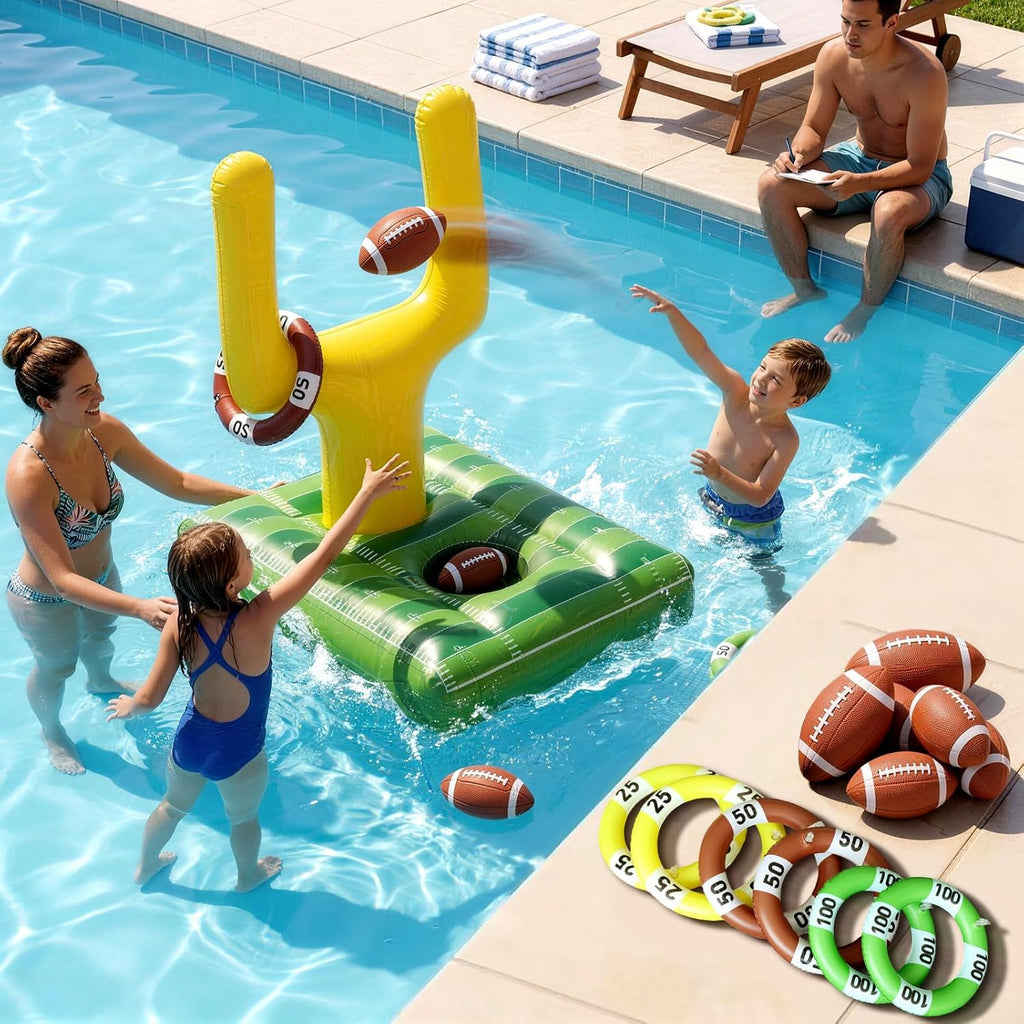 Inflatable Football Pool Ring Toss Game - 3-In-1 Floating Football Target for Swimming Pool