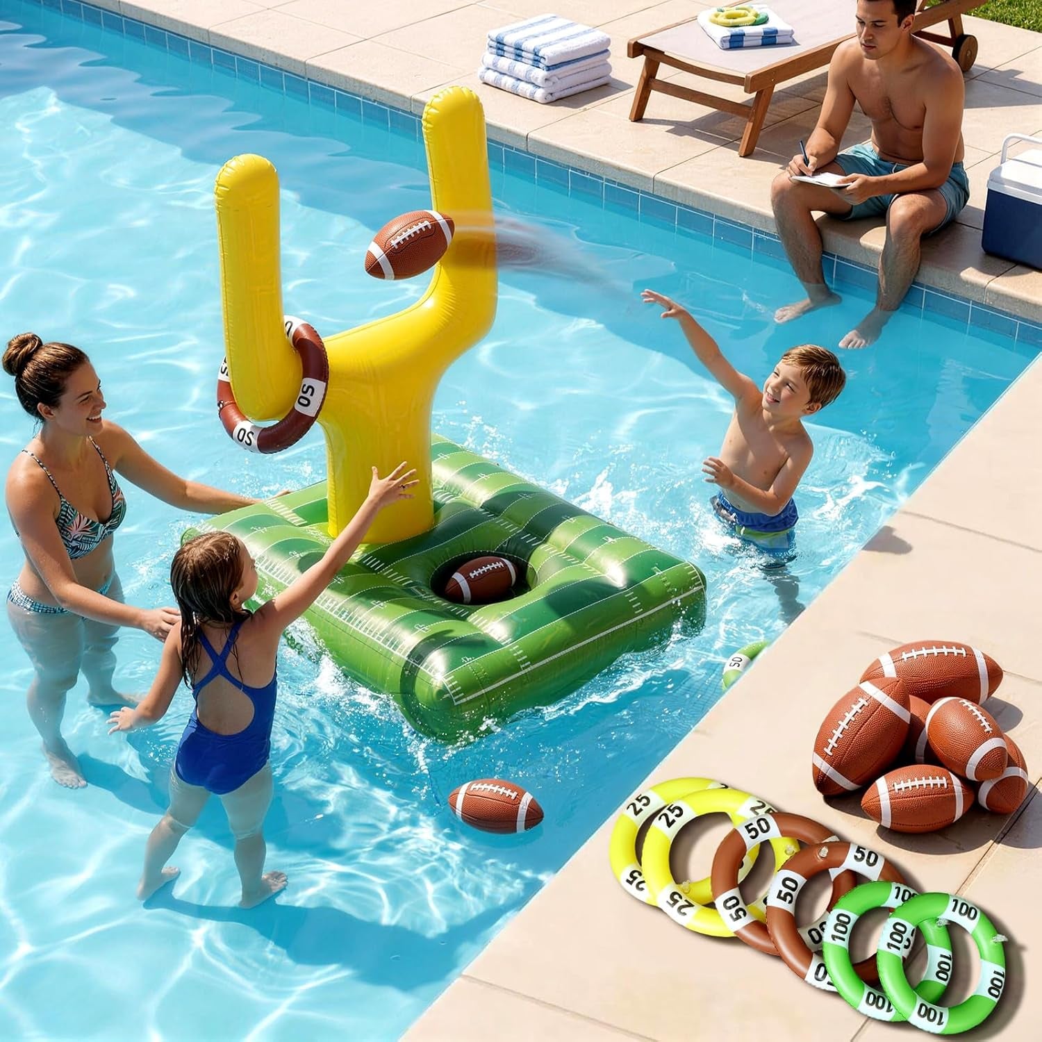 Inflatable Football Pool Ring Toss Game - 3-In-1 Floating Football Target for Swimming Pool