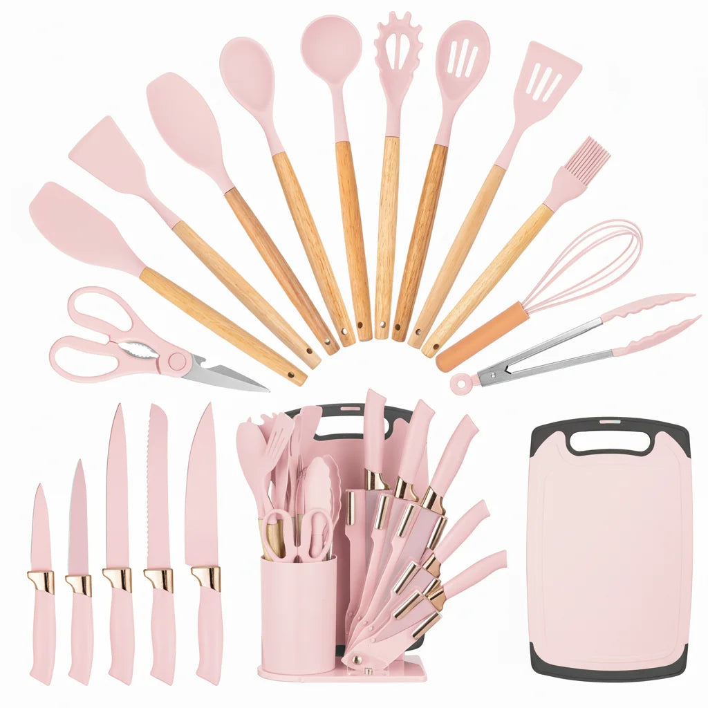 19Pcs Professional Kitchen Knife Set with Silicone Cooking Utensils & Cuttingboard, High Carbon Stainless Steel Chef Knives.