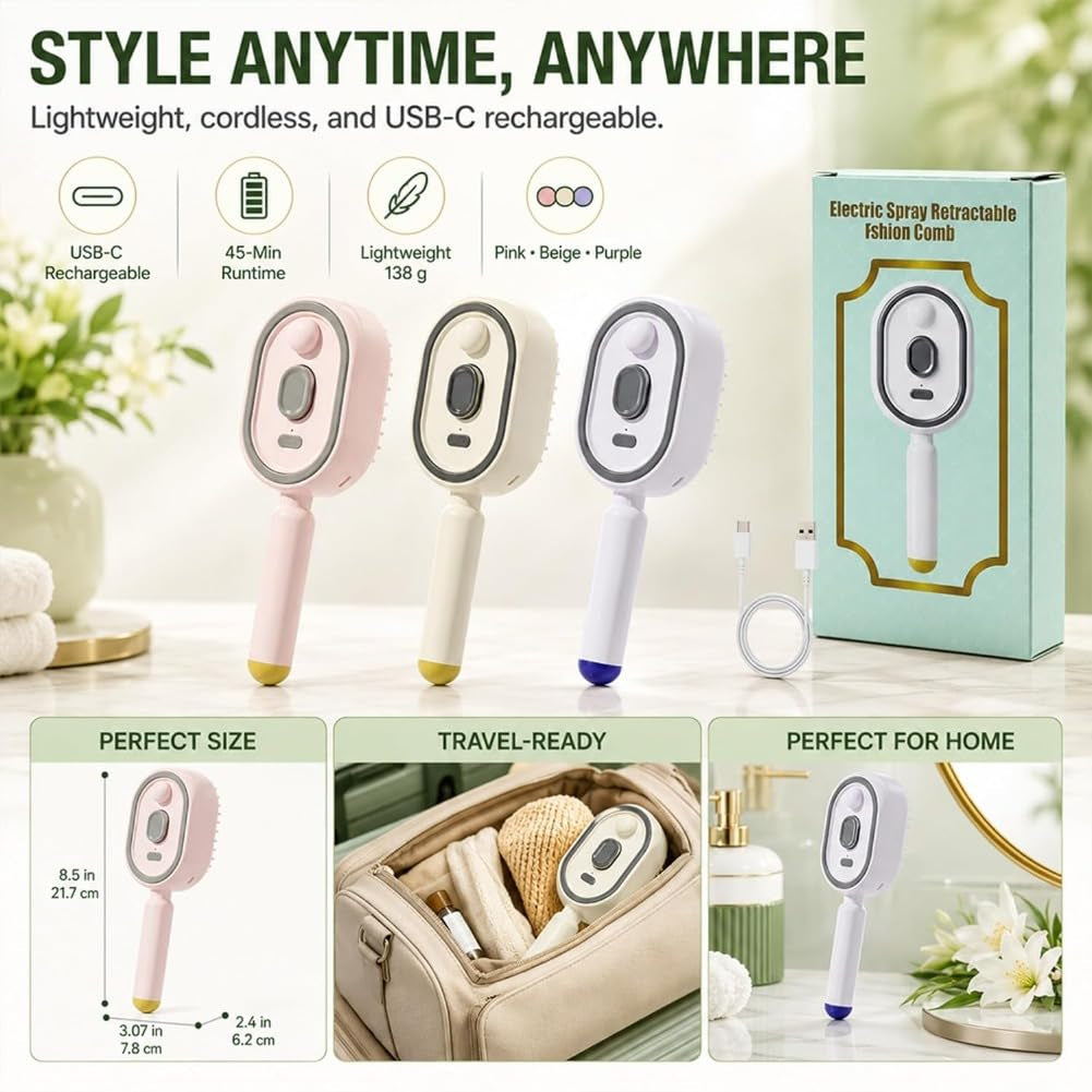 Electric Spray Air Cushion Massage Comb, 2027 New 3-In-1 Mist Spray Steam Brush for Hair, Anti-Static, Self-Cleaning, for Frizzy Hair & Scalp Care (Purple)