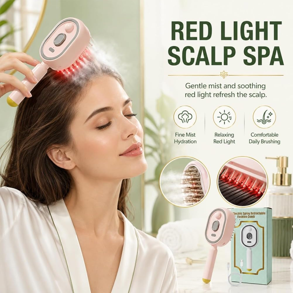 Electric Spray Air Cushion Massage Comb, 2027 New 3-In-1 Mist Spray Steam Brush for Hair, Anti-Static, Self-Cleaning, for Frizzy Hair & Scalp Care (Purple)