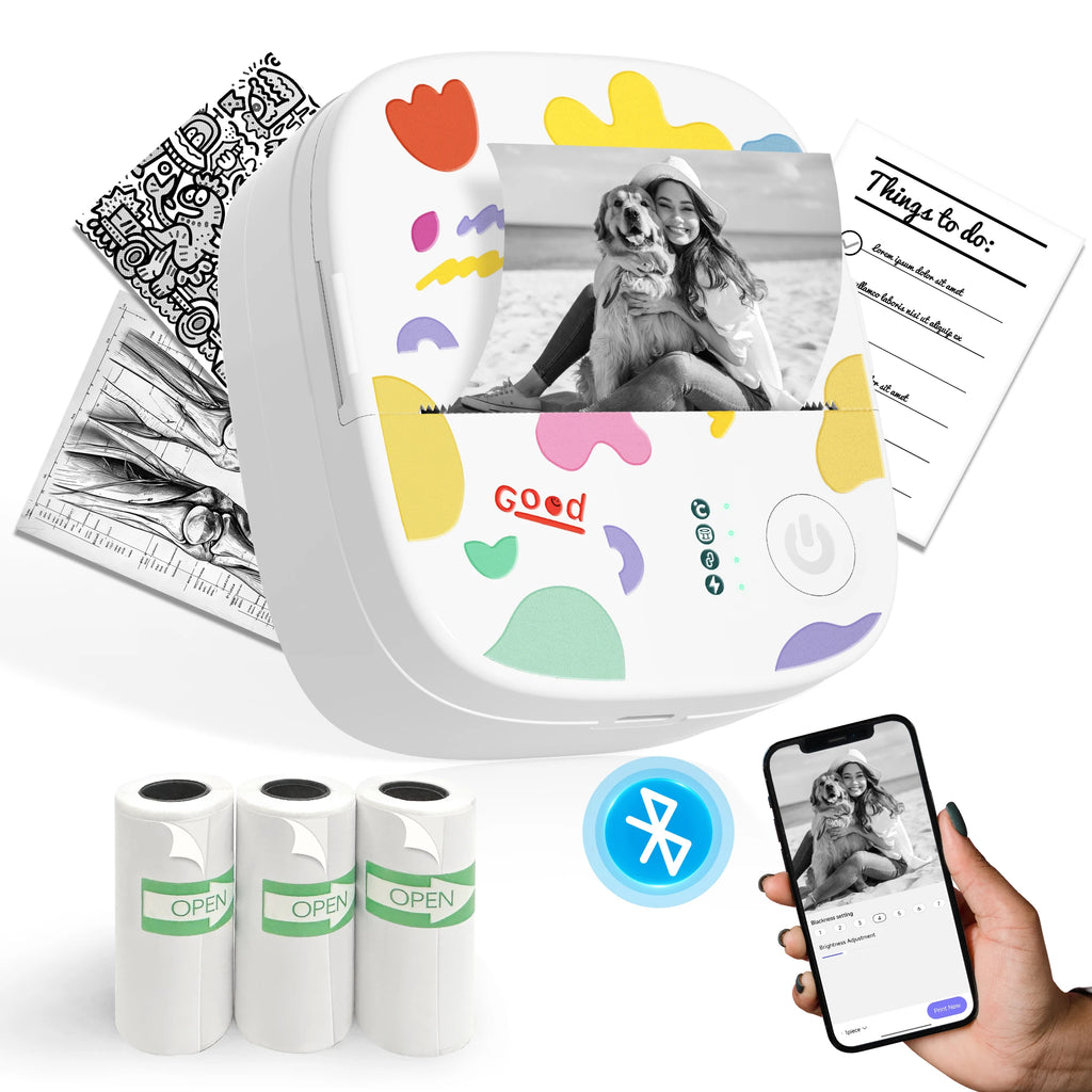 YISORA Mini Portable Sticker Printer , Mini Thermal Printer with 4 Rolls Paper, Bluetooth Inkless Printpods, Pocket Label Maker