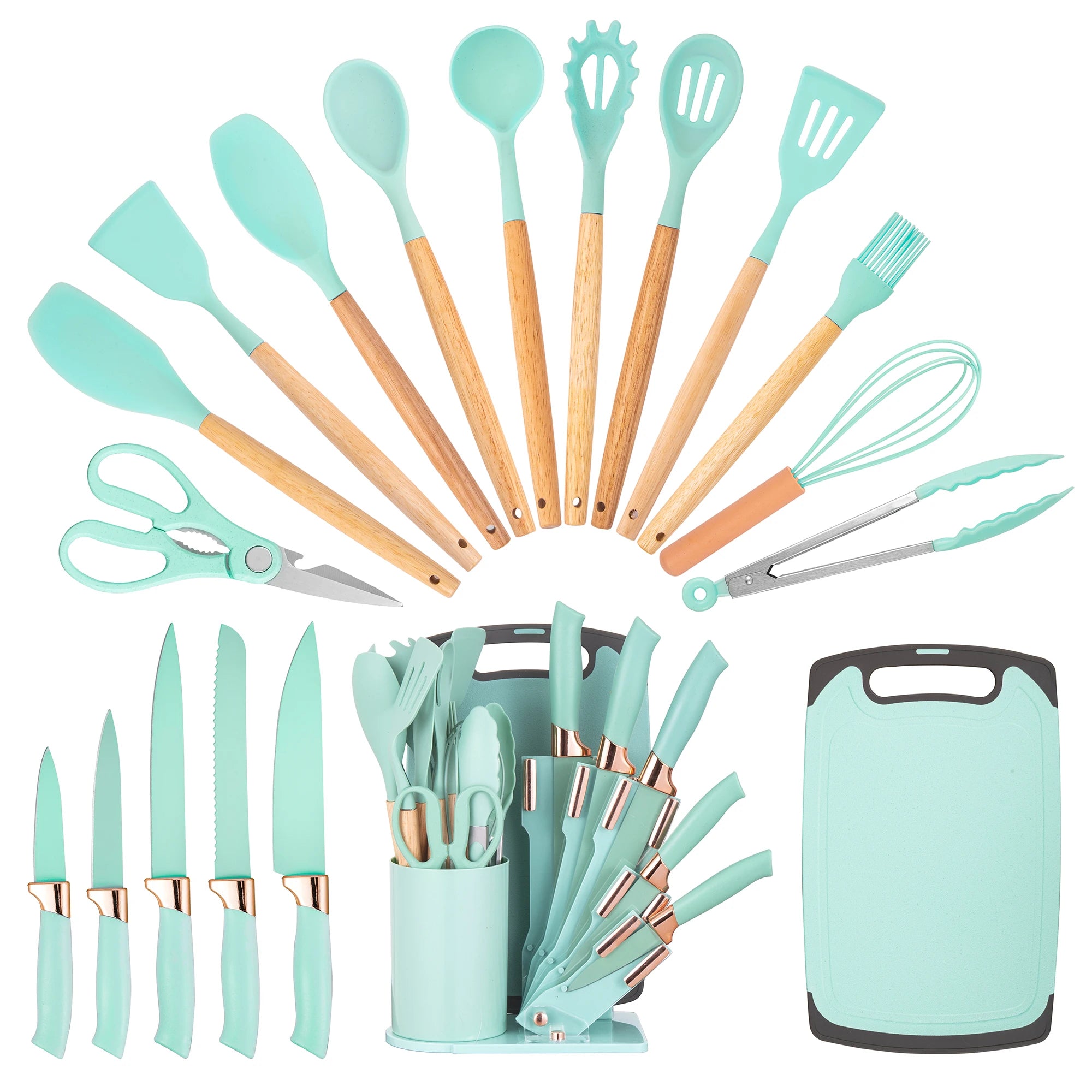 19Pcs Professional Kitchen Knife Set with Silicone Cooking Utensils & Cuttingboard, High Carbon Stainless Steel Chef Knives.