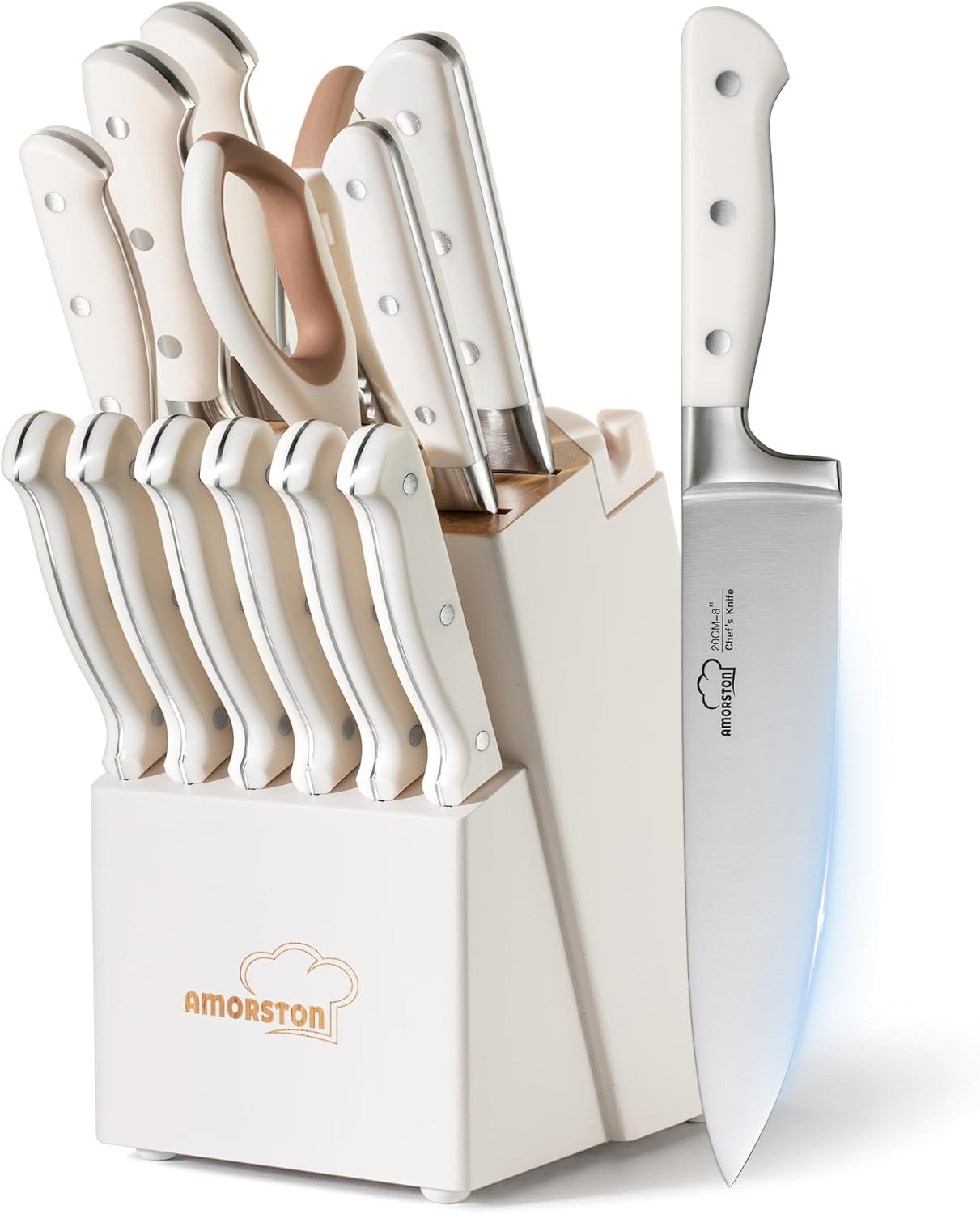 Knife Set, Kitchen Knives Set with Block and Sharpener 14 Pcs Full Tang Knives German Stainless 