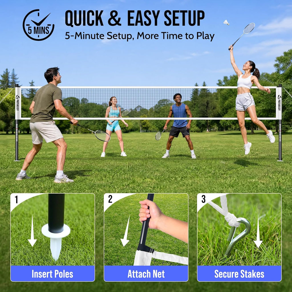 Badminton Set for Backyard, Outdoor Badminton Net with Anti-Sag Design, 4 Professional Badminton Rackets, 4 Shuttlecocks and Carry Bag for Lawn or Beach