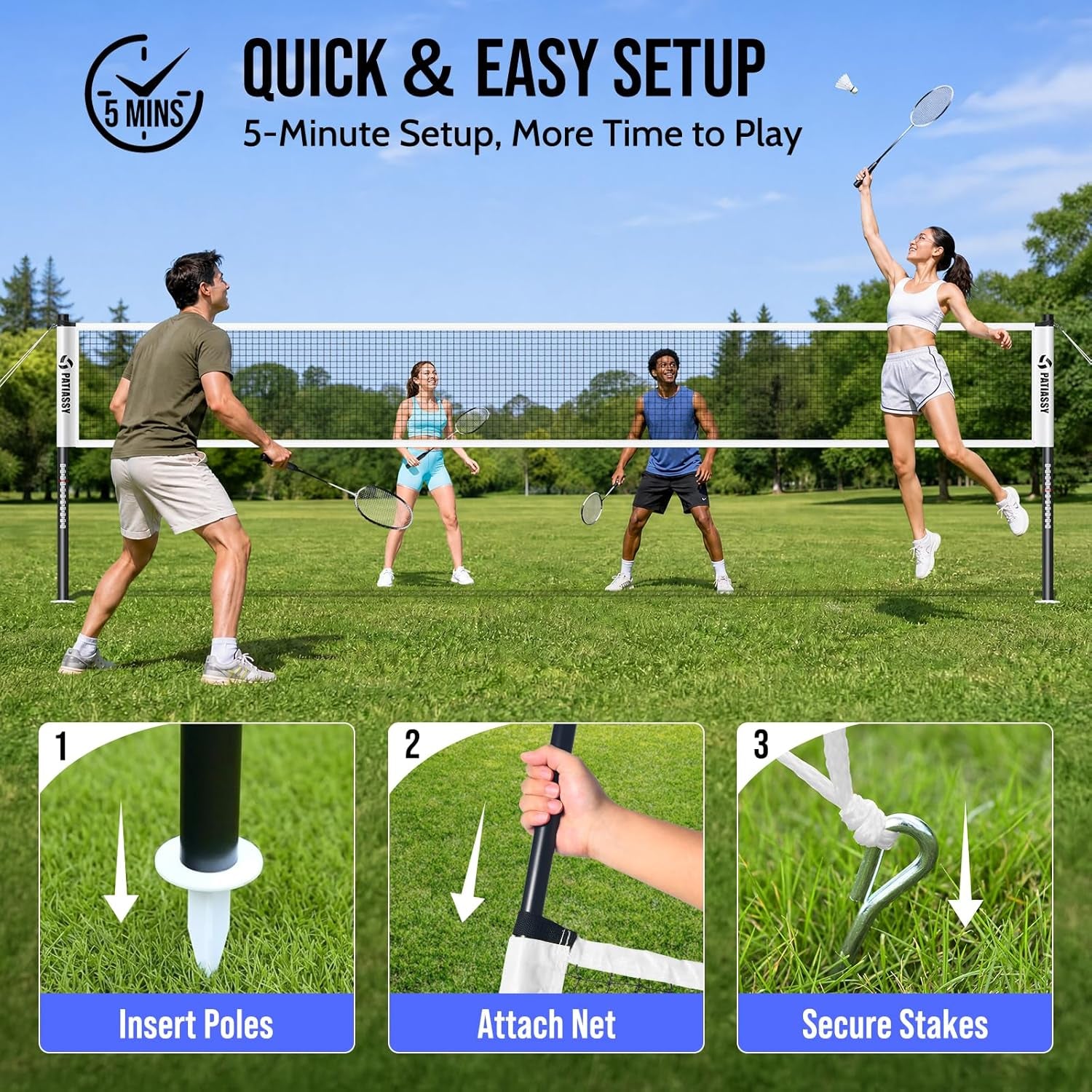 Badminton Set for Backyard, Outdoor Badminton Net with Anti-Sag Design, 4 Professional Badminton Rackets, 4 Shuttlecocks and Carry Bag for Lawn or Beach