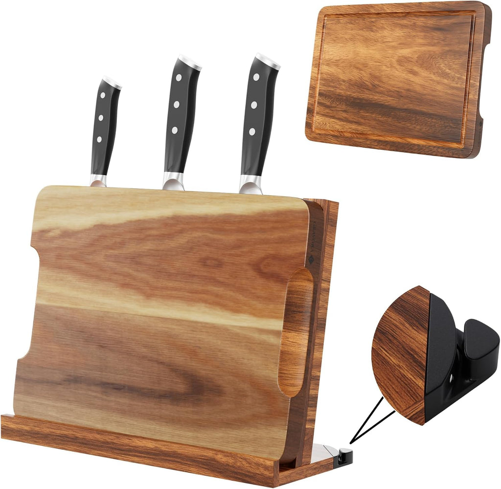  Premium 3 in 1 Magnetic Knife Block Stand, 14"X10"  Wooden Magnetic Knife Holder - Acacia Display Holder Double Sided Storage Rack Magnets for Knives 