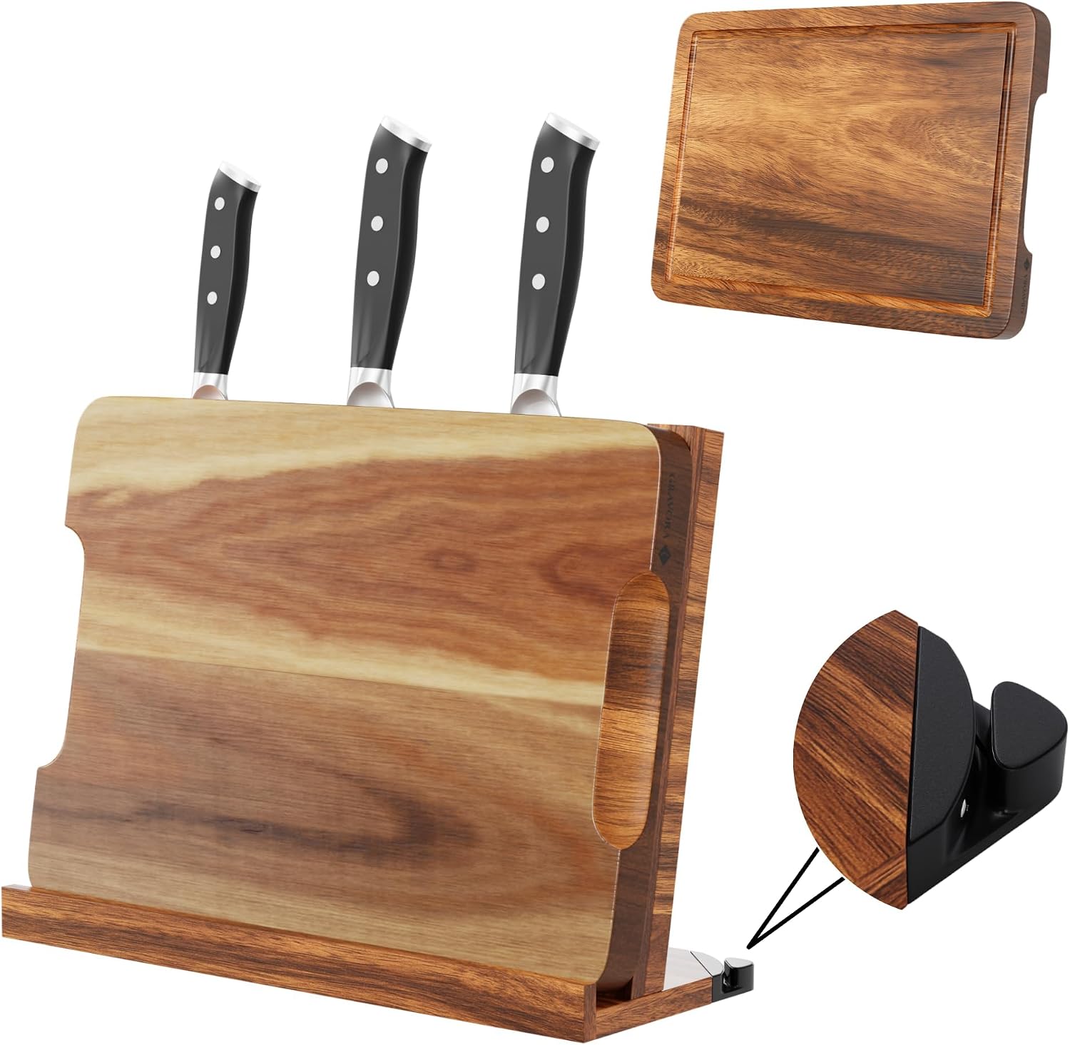  Premium 3 in 1 Magnetic Knife Block Stand, 14"X10"  Wooden Magnetic Knife Holder - Acacia Display Holder Double Sided Storage Rack Magnets for Knives 