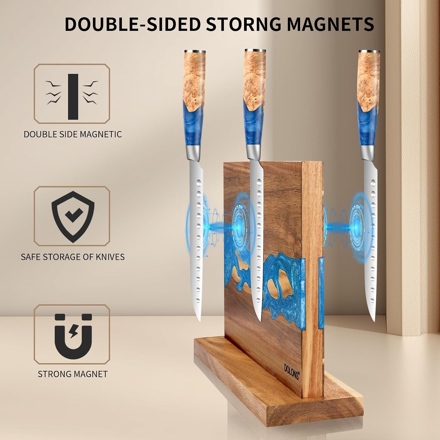 Premium Acacia Wood and Resin Kitchen Magnetic Knife Holder 