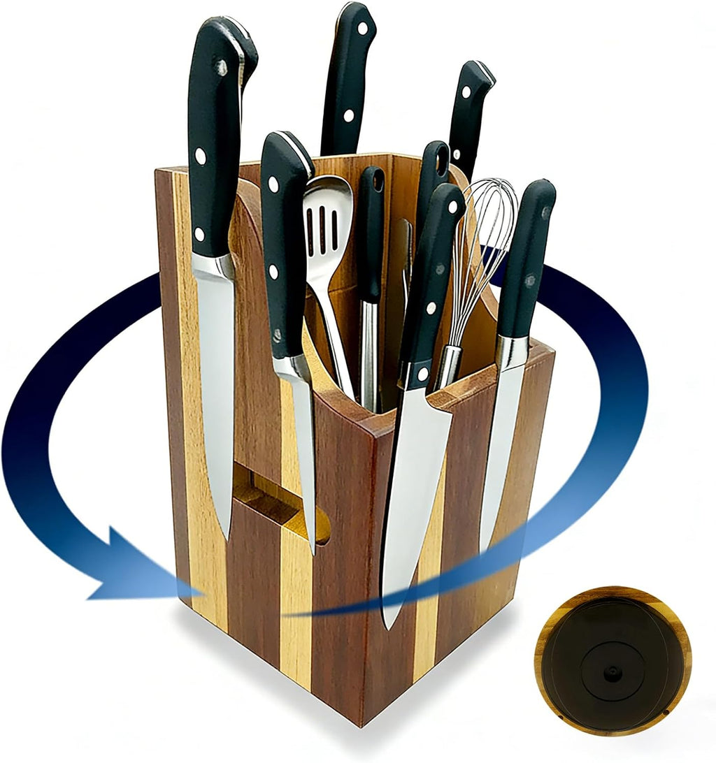 360° Rotating Magnetic Wooden Knife Block for Kitchen without Knives 