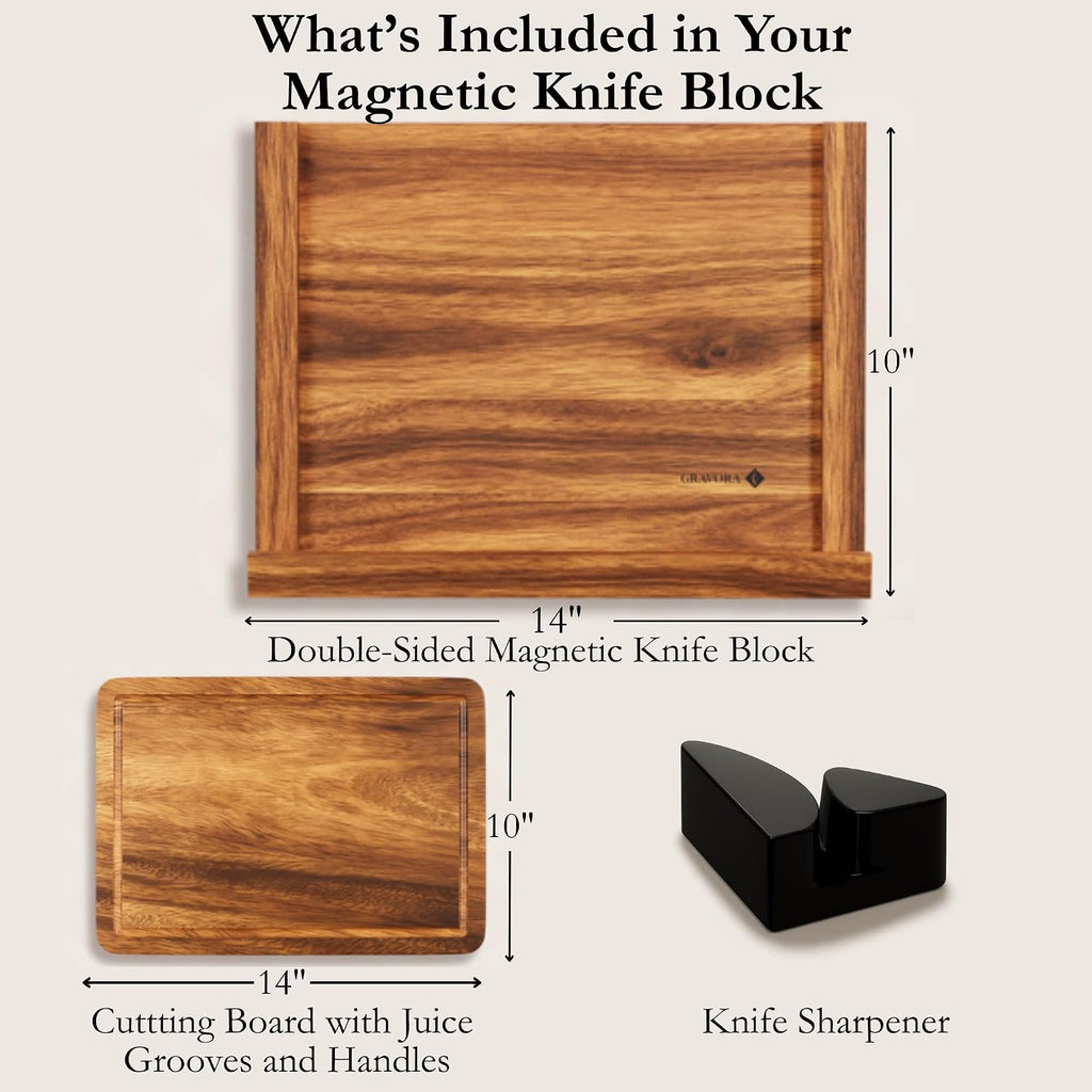  Premium 3 in 1 Magnetic Knife Block Stand, 14"X10"  Wooden Magnetic Knife Holder - Acacia Display Holder Double Sided Storage Rack Magnets for Knives 