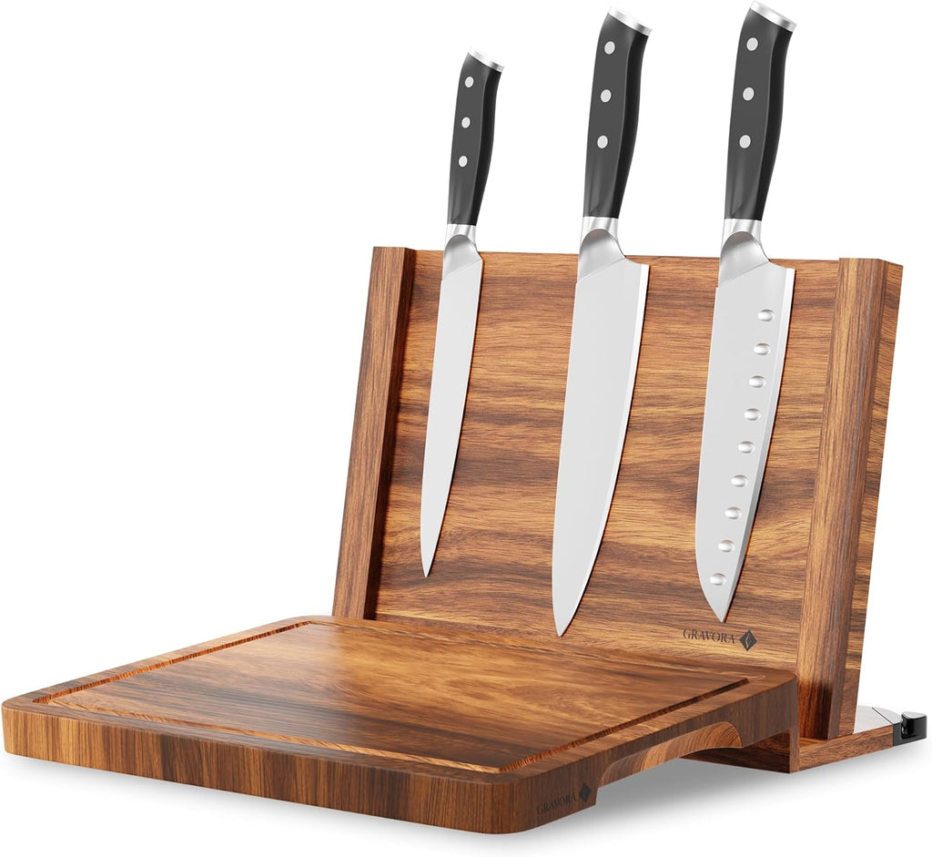  Premium 3 in 1 Magnetic Knife Block Stand, 14"X10"  Wooden Magnetic Knife Holder - Acacia Display Holder Double Sided Storage Rack Magnets for Knives 