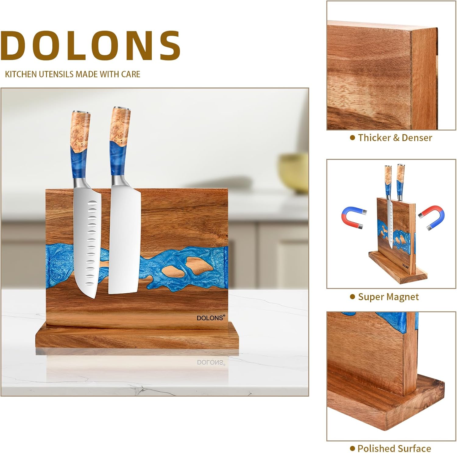 Premium Acacia Wood and Resin Kitchen Magnetic Knife Holder 