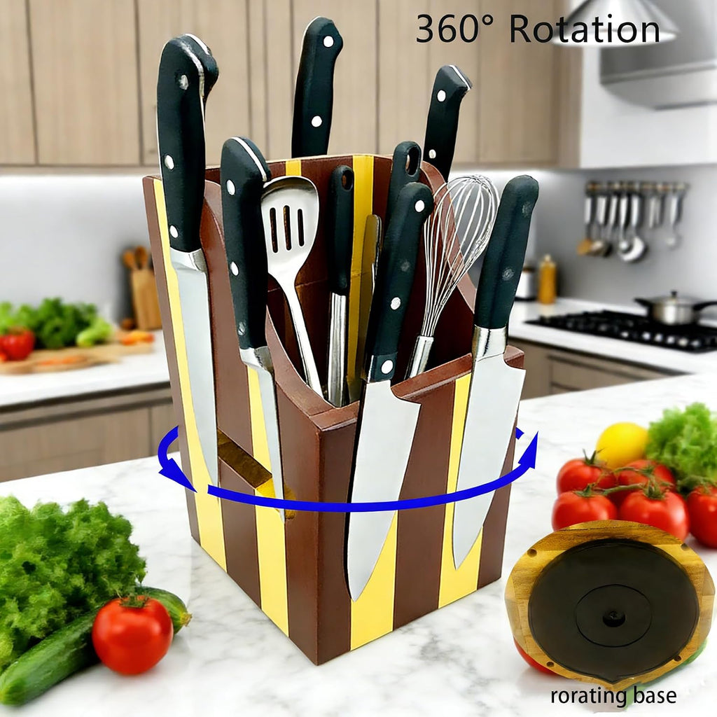 360° Rotating Magnetic Wooden Knife Block for Kitchen without Knives 