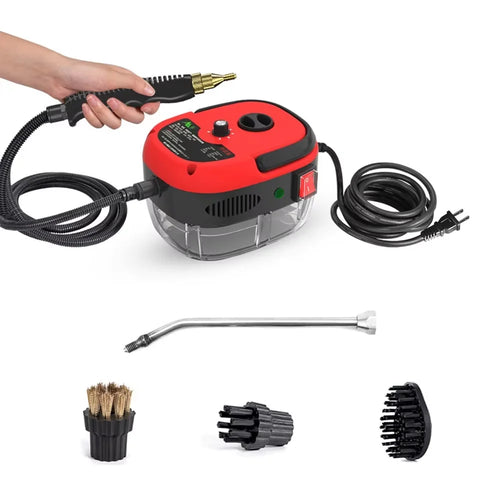 001 Small and Portable High-Pressure Red White Steam Cleaner with Brush Heads Handheld Sanitizing 6-Speed Settings Extended Hose Large Capacity Removes Grease Dust Mites for Air Conditioners Range Hoods Floors Bathrooms Cookware Tableware
