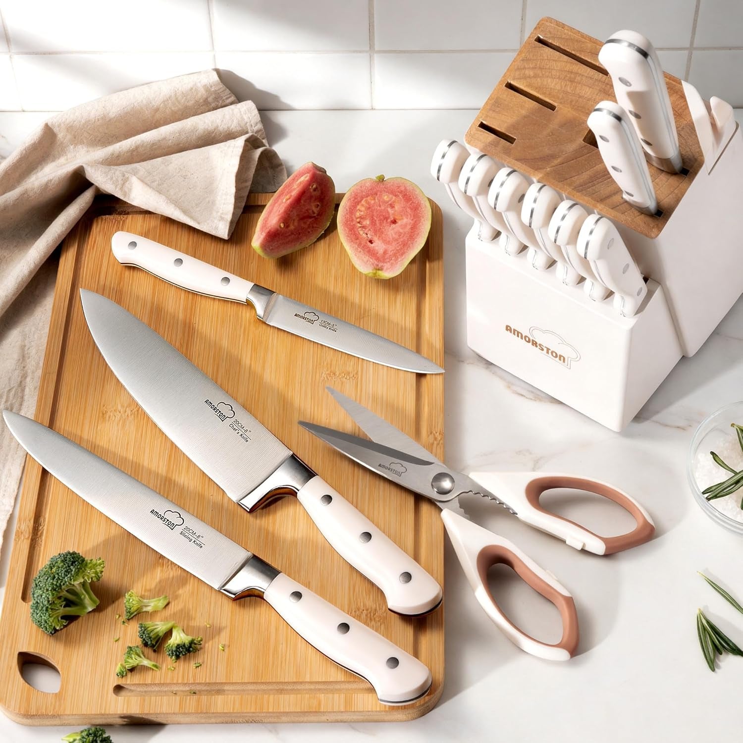 Knife Set, Kitchen Knives Set with Block and Sharpener 14 Pcs Full Tang Knives German Stainless 