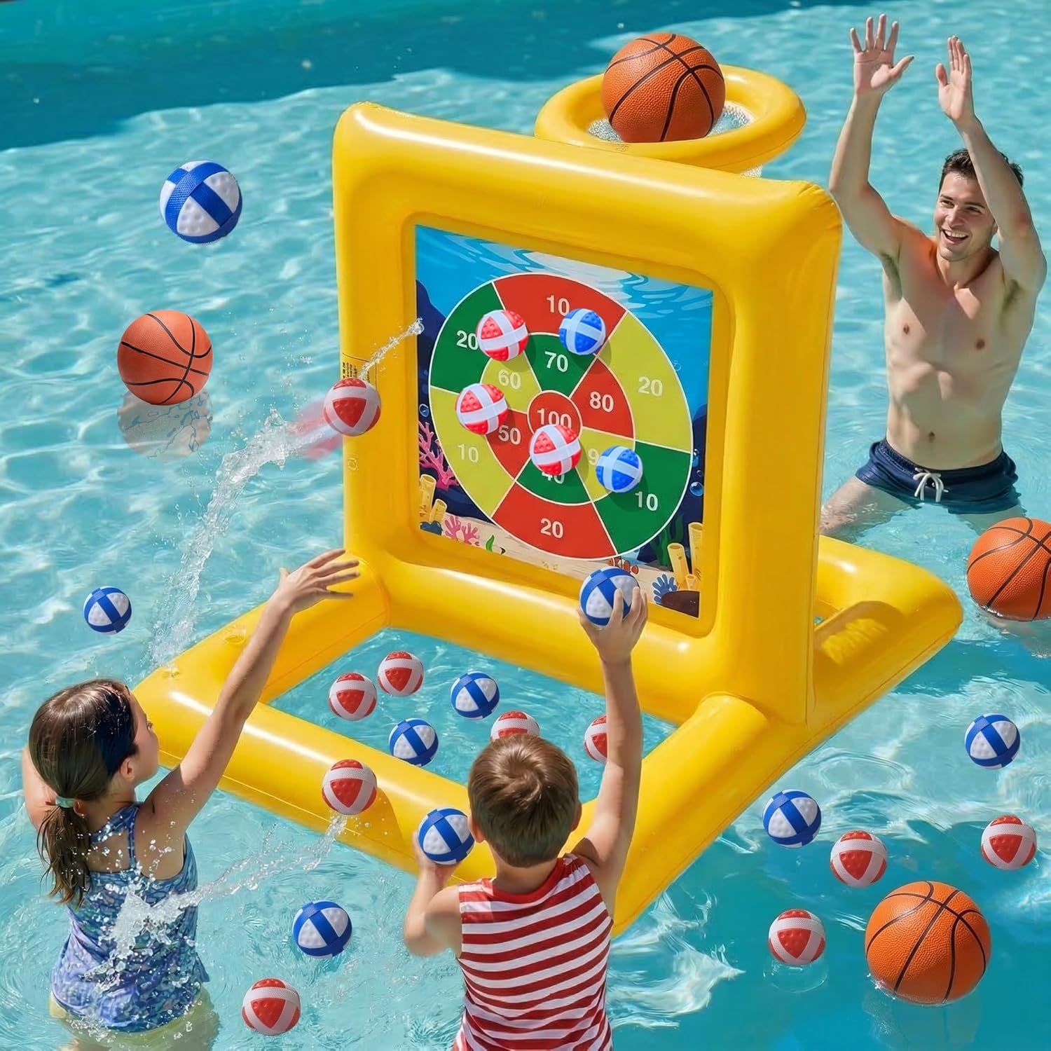 Premium Pool Toys for Kids & Adults, 2-In-1 Pool Basketball and Dart Board Game Set