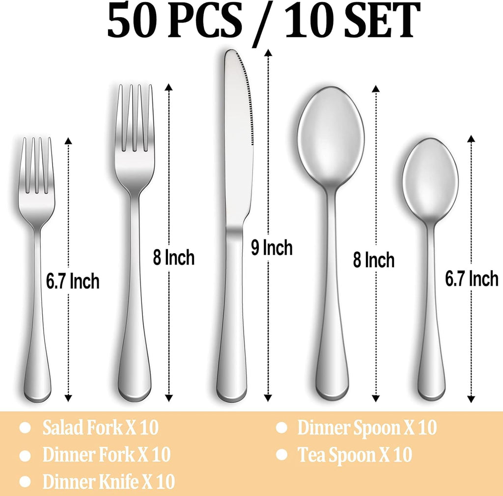 50 Piece Silverware Set Service for 10. Premium Stainless Steel Flatware Set
