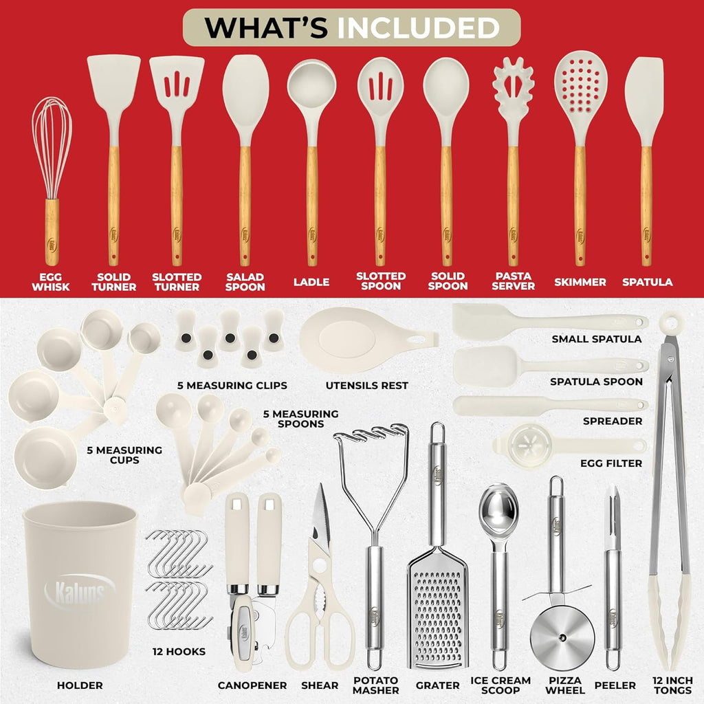 50 PCS Silicone Kitchen Utensils Set Complete Kitchen Set - 800°F Heat Resistant Non-Stick Premium Silicone