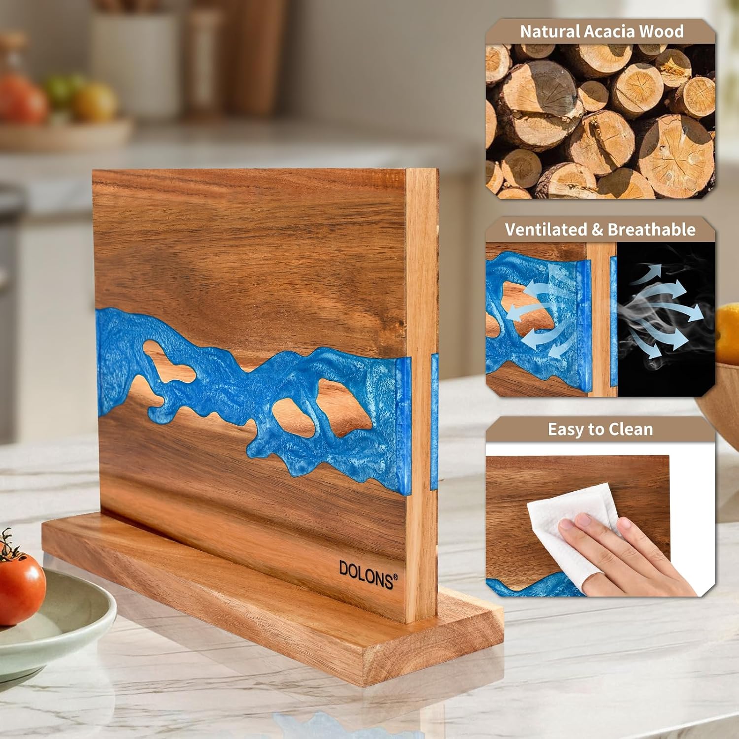Premium Acacia Wood and Resin Kitchen Magnetic Knife Holder 