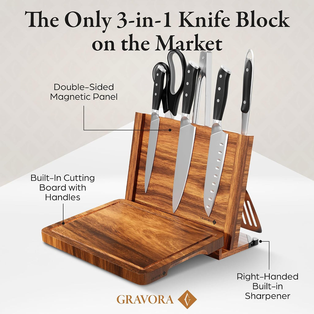  Premium 3 in 1 Magnetic Knife Block Stand, 14"X10"  Wooden Magnetic Knife Holder - Acacia Display Holder Double Sided Storage Rack Magnets for Knives 