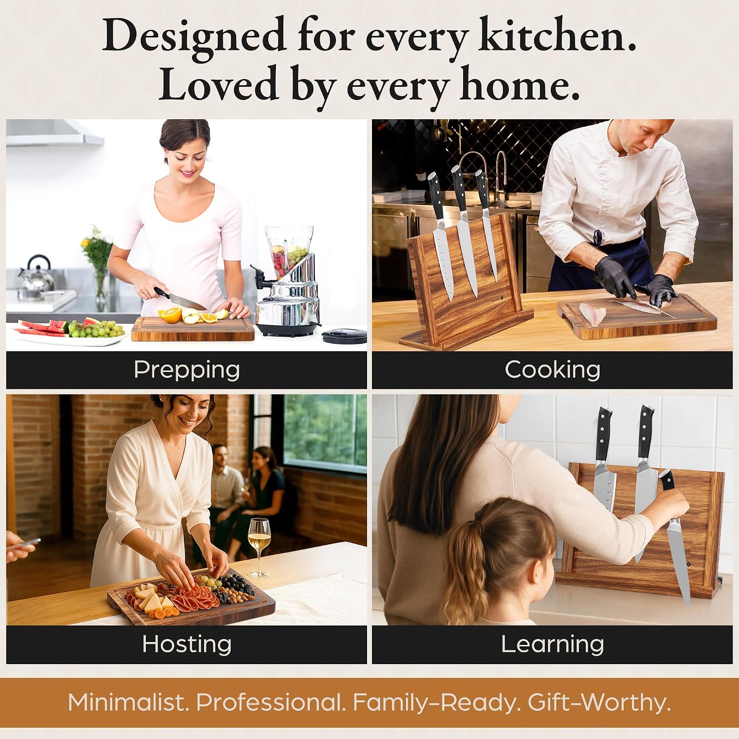  Premium 3 in 1 Magnetic Knife Block Stand, 14"X10"  Wooden Magnetic Knife Holder - Acacia Display Holder Double Sided Storage Rack Magnets for Knives 