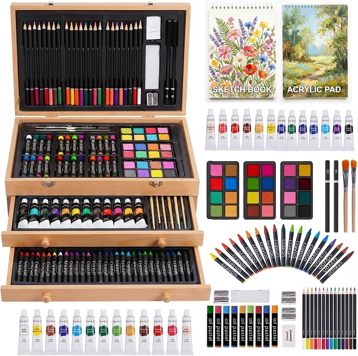 175-Pack Deluxe Wooden Art Set Drawing Painting Kit with 2 Drawing Pads