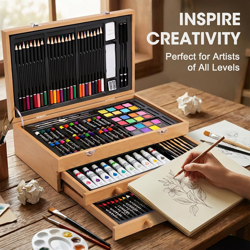 175-Pack Deluxe Wooden Art Set Drawing Painting Kit with 2 Drawing Pads