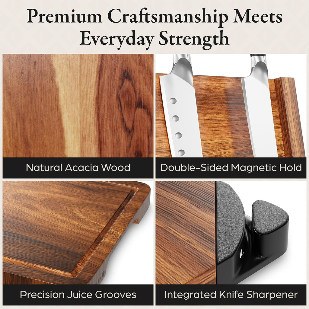  Premium 3 in 1 Magnetic Knife Block Stand, 14"X10"  Wooden Magnetic Knife Holder - Acacia Display Holder Double Sided Storage Rack Magnets for Knives 