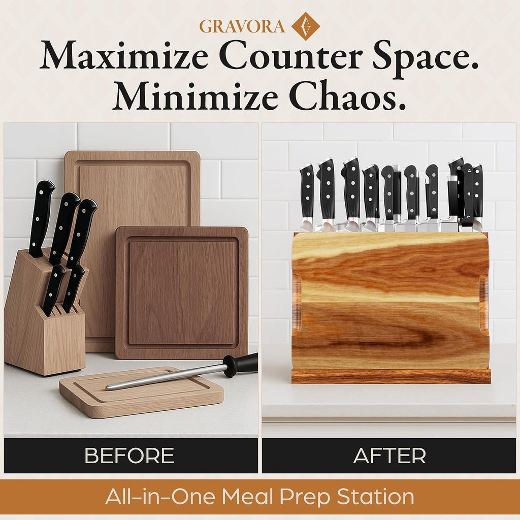  Premium 3 in 1 Magnetic Knife Block Stand, 14"X10"  Wooden Magnetic Knife Holder - Acacia Display Holder Double Sided Storage Rack Magnets for Knives 