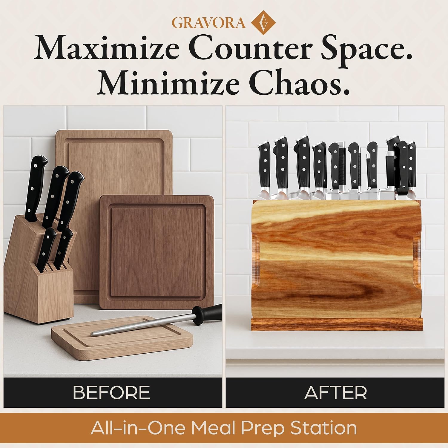  Premium 3 in 1 Magnetic Knife Block Stand, 14"X10"  Wooden Magnetic Knife Holder - Acacia Display Holder Double Sided Storage Rack Magnets for Knives 