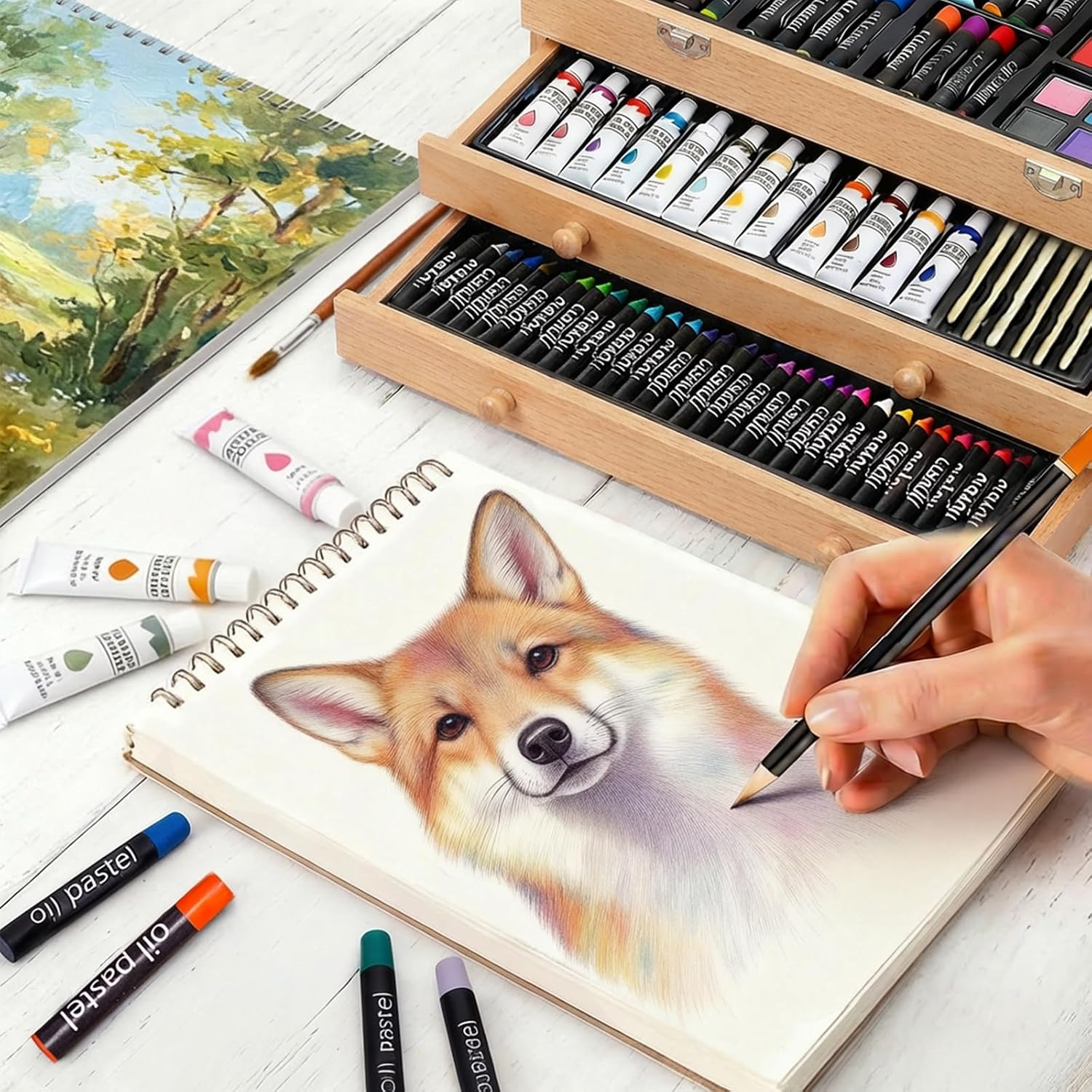 175-Pack Deluxe Wooden Art Set Drawing Painting Kit with 2 Drawing Pads