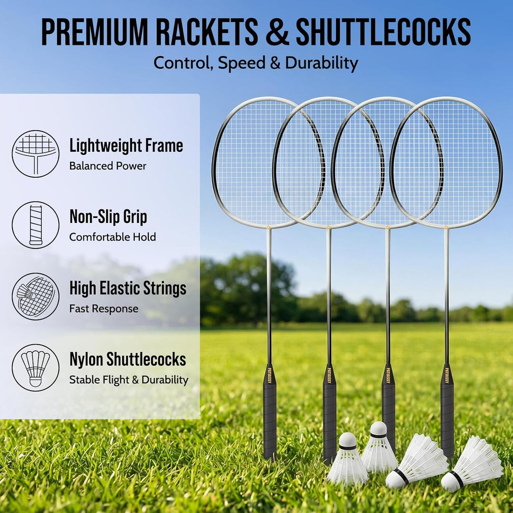 Badminton Set for Backyard, Outdoor Badminton Net with Anti-Sag Design, 4 Professional Badminton Rackets, 4 Shuttlecocks and Carry Bag for Lawn or Beach